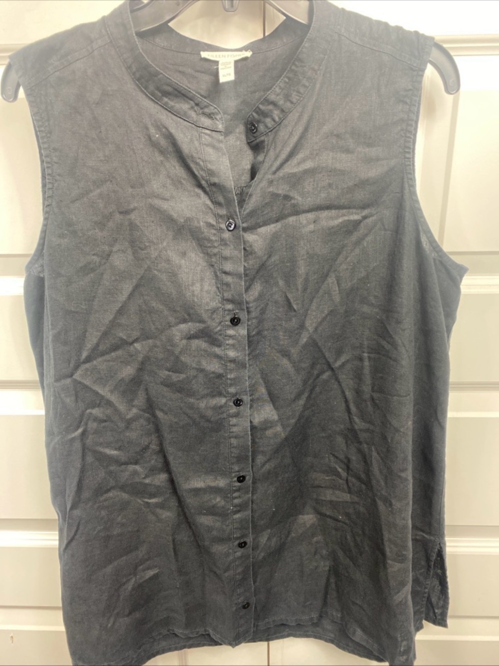 Eileen Fisher Organic Linen Sleeveless Button Front Tunic Top Black XL Extra LG